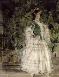 Porträtt av Maria Kusnetsova-Benois som Carmen, 1908 (tempera och pastell på duk)